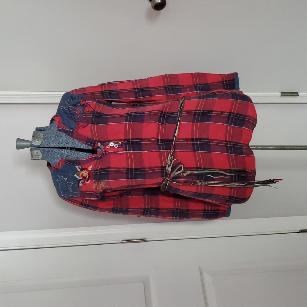 Desigual Women’s Small Red Plaid Embroidered Long Sleeve Tunic